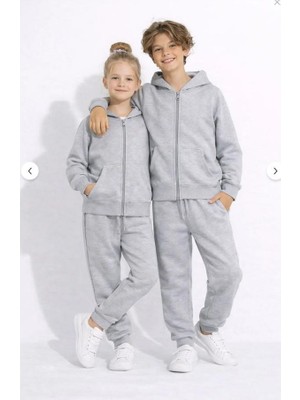 Ay Kids Unisex Mevsimlik Çocuk Gri Fermuarlı Kapüşonlu Eşofman Takımı – 0785-