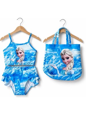 Ay Kids Kız Çocuk Bikini Takımı ve Plaj Çantası Seti 1105-MAVİ