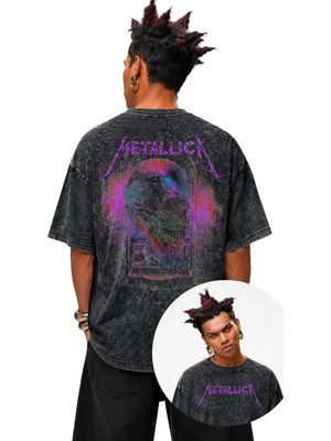 Unisex Kuru Kafa Mor Metallica Sırt Baskılı Yıkamalı Tişört, Oversize Rock-Metal Baskılı T-Shirt