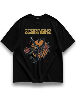 Fuddy Moda  Oversize Scorpions Baskılı Tişört, Rock Metal Temalı T-Shirt