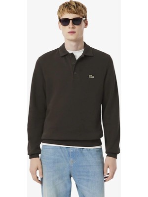 Lacoste Men's Classic Fit Sweatshirt Polo Yaka Düğmeli Organik Pamuk Fitilli Erkek Sweatshirt Kahverengi