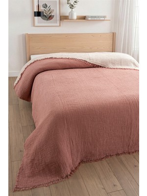 Sevim 4 Kat Müslin Yatak Örtüsü - %100 Pamuk, Çift Taraflı Müslin Pike - 240X260 cm - Kiremit