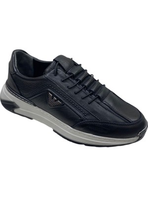 Sula Erkek Lastik Bağcıklı Deri Siyah Içi Deri Astar Dikişli Poli Taban Sneakers AYAKKABI-424-1-SİYAH