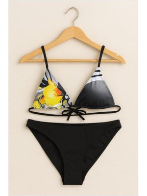 Ay Kids Kadın  Desenli Üçgen Bikini Takımı – Siyah Alt | Ayarlanabilir Bağlamalı 1001-52-