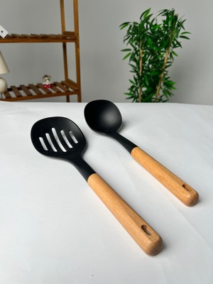 Favora 2li Ahşap Saplı Kepçe ve Spatula Seti - Siyah
