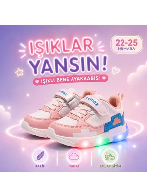 Promax Kız Çocuk Işıklı Cırtlı Bebe Spor Ayakkabısı 22-25 Beyaz Pembe