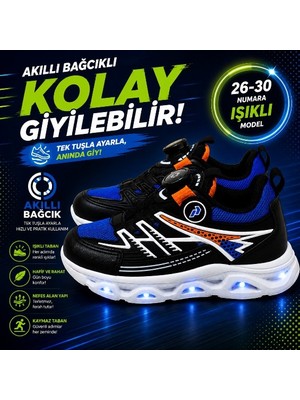 Promax Akıllı Bağcıklı Işıklı Çocuk Spor Ayakkabı Siyah-Sax 26-30 Kolay Giyilebilir