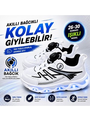 Promax Akıllı Bağcıklı Işıklı Çocuk Spor Ayakkabı Beyaz 26-30 Kolay Giyilebilir