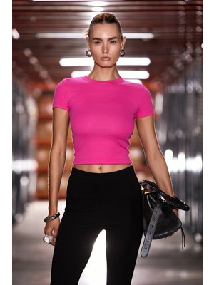 Grimelange Hopewell Kadın Yuvarlak Yaka Örme Slim Fit Koyu Pembe T-Shirt