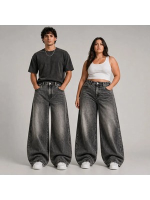 St.Poll Eskitme Füme Yıkamalı Unisex Büyük Beden Baggy Jean Pantolon