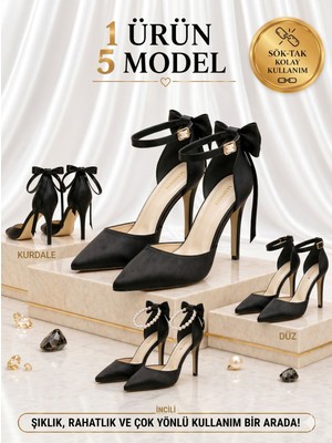 Craft Moda Kadın Çok Amaçlı Stiletto Topuklu Ayakkabı Sök Tak Papyon Kurdela Incili 5 Model 8 cm Sivri Burun