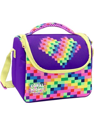 Coral High Kız Çocuk Mor Piksel Kalp Desenli Isı Yalıtımlı Beslenme Çantası 37108