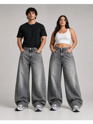St.Poll Eskitme Gri Yıkamalı Unisex Büyük Beden Baggy Jean Pantolon