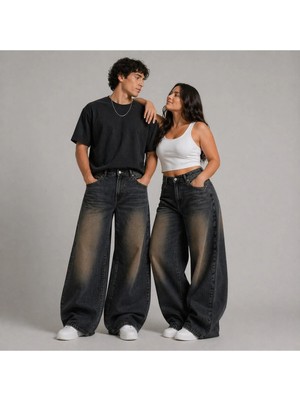 St.Poll Eskitme Kahverengi Yıkamalı Unisex Büyük Beden Baggy Jean Pantolon