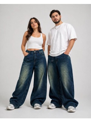 St.Poll Eskitme Yıkamalı Unisex Büyük Beden Baggy Jean Pantolon