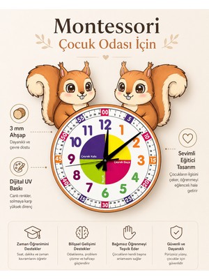 Karbonsoft Sevimli Sincap Temalı Montessori Eğitici Duvar Saati Doğal Kesit Tasarım
