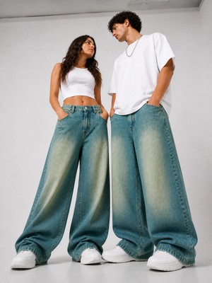 St.Poll Eskitme Yeşil Efekt Vintage Yıkama Unisex Baggy Jeans Pantolon