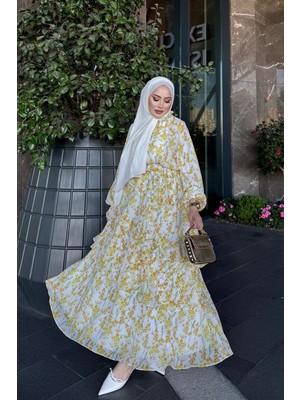 İmaj Butik Sarı Bel Lastikli Eteği Katlı Şifon Elbise