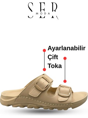 Sermoda Kadın Terlik  – Esnek Anatomik Tabanlı Ayarlanabilir Çift Tokalı Kadın Terlik Krem