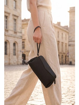 Marjin Kadın Iç Cepli Hasır Görünümlü Clutch & Portföy El ve Omuz Çantası Amarte Siyah