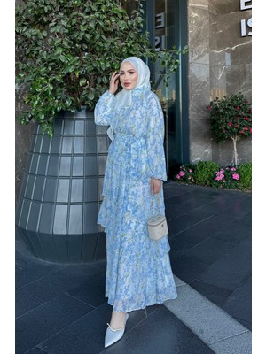 İmaj Butik Mavi Bel Lastikli Eteği Katlı Şifon Elbise
