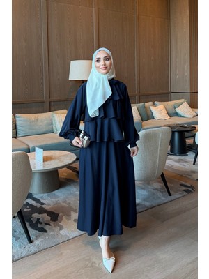 İmaj Butik Lacivert Yaka Bağlamalı Katlı Etekli Takım