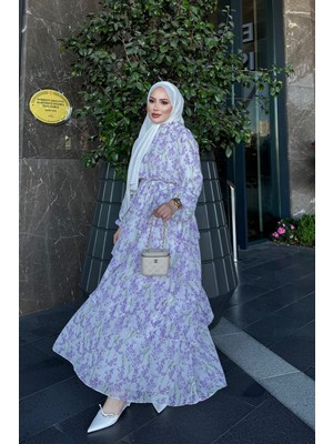 İmaj Butik Mor Bel Lastikli Eteği Katlı Şifon Elbise