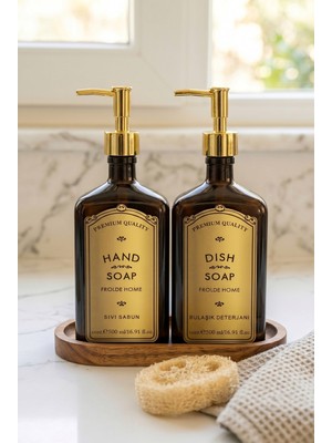 Frolde Ahşap Stantlı 2'li Gold Premium Sıvı Sabunluk Amber Cam 500 ml Vintage