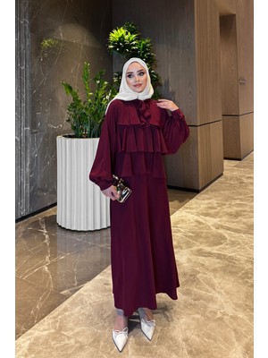 İmaj Butik Bordo Yaka Bağlamalı Katlı Etekli Takım