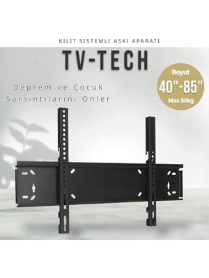 Terletmez Shop Tvtech TV-4085 Televizyon Duvar Askı Aparatı, 40"-85" Inç (102-216CM) Vesa 400X400-600X400-600X500-700X500 Max 50KG/110LBS-KILITLI Sistem-Sarsılmaz-Depreme Karşı-Çocuk Kilitli - Kavisli/curved Uyumlu