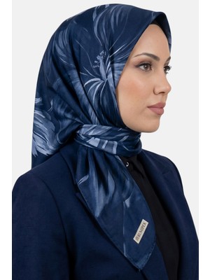 Hadiora Kadın Lacivert Mavi Yaprak Desen Organik Pamuk Soft Eşarp