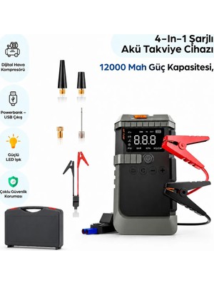 Robeve 4-In-1 Şarjlı Akü Takviye Cihazı – 12000 Mah Güç Kapasitesi, Dijital Lastik Pompası, Powerbank ve LED Işıklı Çok Fonksiyonlu Acil Durum Oto Yardım Cihazı Saklama Çantalı