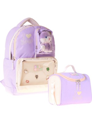 Calacilo Kız Çocuk Ilkokul Sırt Çantası ve Beslenme Seti - K-Pop Lilac Peluş Ayı Aksesuarlı Lila SETCC-C4104B