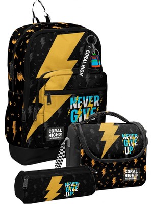 Coral High Erkek Çocuk Siyah Sarı Never Give Up Baskılı Üçlü Ilkokul Okul Çanta Seti SETYGN33220A