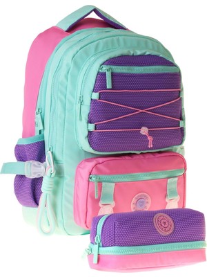 Kaukko Mesh Mint Kız Çocuk Yeşil - Mor - Pembe Okul Sırt Çantası ve Kalem Çantası Seti - SETKK-K1851C
