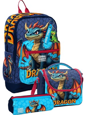 Coral High Erkek Çocuk Mavi Sarı Dragon Desenli Üçlü Ilkokul Okul Çanta Seti SETYGN33213A