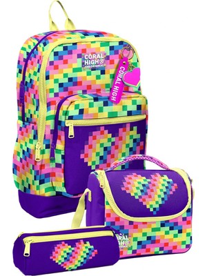 Coral High Kız Çocuk Mor Piksel Kalp Desenli Üçlü Ilkokul Okul Çanta Seti SETYGN33208A