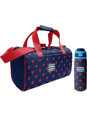 Coral High Lacivert Kırmızı Kalp Desenli Kız Çocuk Spor Çantası ve 800 ml Çelik Matara Seti 27547