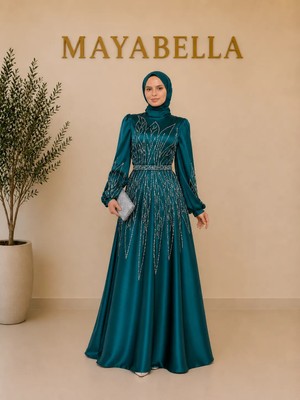 MayaBella Saten Yaprak Desenli Tesettür Abiye