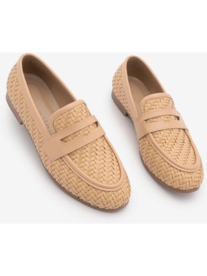 Marjin Kadın Loafer Makosen Örgü Desen Günlük Ayakkabı Karnel Camel