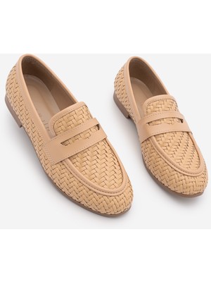 Marjin Kadın Loafer Makosen Örgü Desen Günlük Ayakkabı Karnel Camel