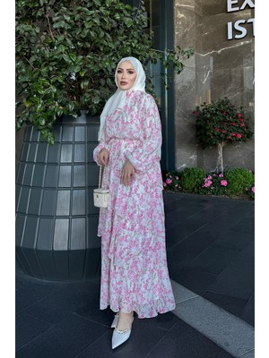 İmaj Butik Pembe Bel Lastikli Eteği Katlı Şifon Elbise