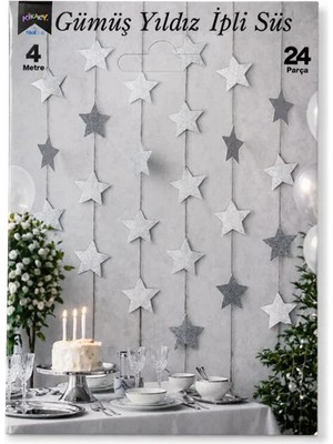 Party Country Mezuniyet Metalik Yıldız Dekor Süs -Gümüş- Yıldız Ölçüsü: 8x8 cm Toplam 24 Parça Uzunluk: 4 Mt.