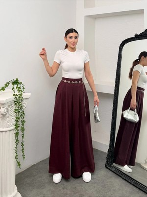 Hatun Atila Pileli Arka Beli Lastikli Geniş Paça Filamlı Keten Palazzo Pantolon 8980 - Mürdüm