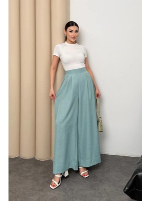 Hatun Atila Pileli Arka Beli Lastikli Geniş Paça Filamlı Keten Palazzo Pantolon 8980 - Su Yeşili