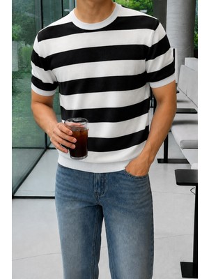 Tarz Cool Erkek Çizgili Triko Tişört Bisiklet Yaka Slim Fit Yazlık Ince Dokulu