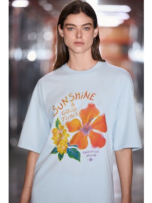 Grimelange Nıtza Kadın %100 Pamuk Oversize Bisiklet Yaka Açık Mavi T-Shirt