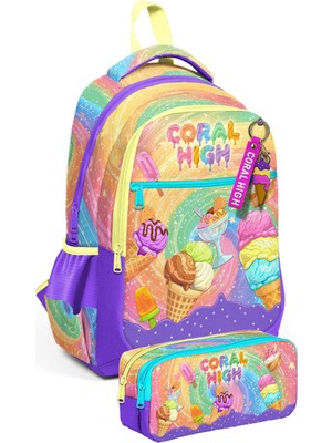 Coral High Mor Sarı Dondurma Baskılı Kız Çocuk Ilkokul Sırt Çantası ve Kalem Çantası Seti - SETYGN33254C