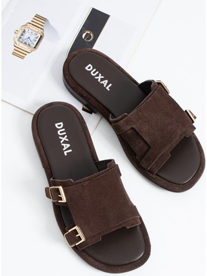 Duxal Shoes Leomaris Hakiki Deri Yumuşak Tabanlı Çift Tokalı Günlük Terlik - Sandalet