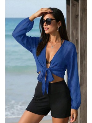 Cool Tarz Kadın Bağlamalı Plaj Üstü Kimono Crop Bluz